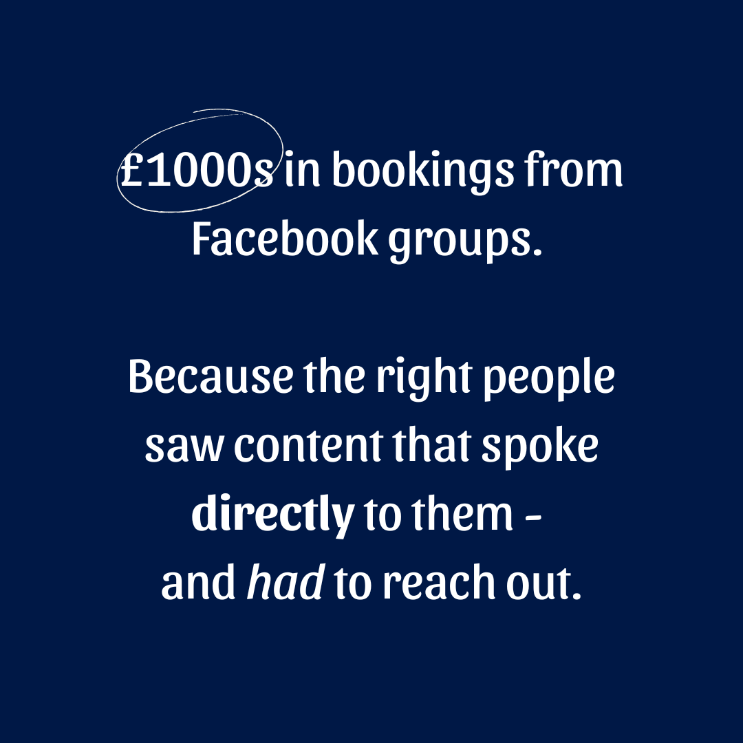 Client testimonial card on a navy blue background featuring results including content that connects £1000s in bookings