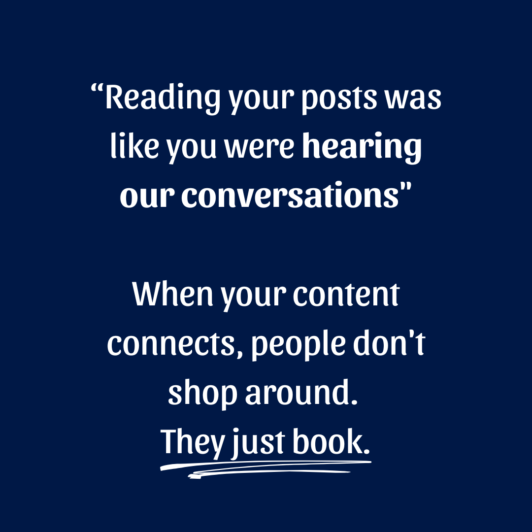 Client testimonial cards on a navy blue background featuring results including content that connects leading to bookings